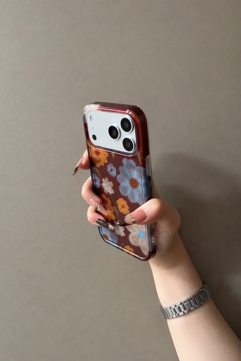 Painterly Bloom Brown Leather-Look Phone Case with Strap