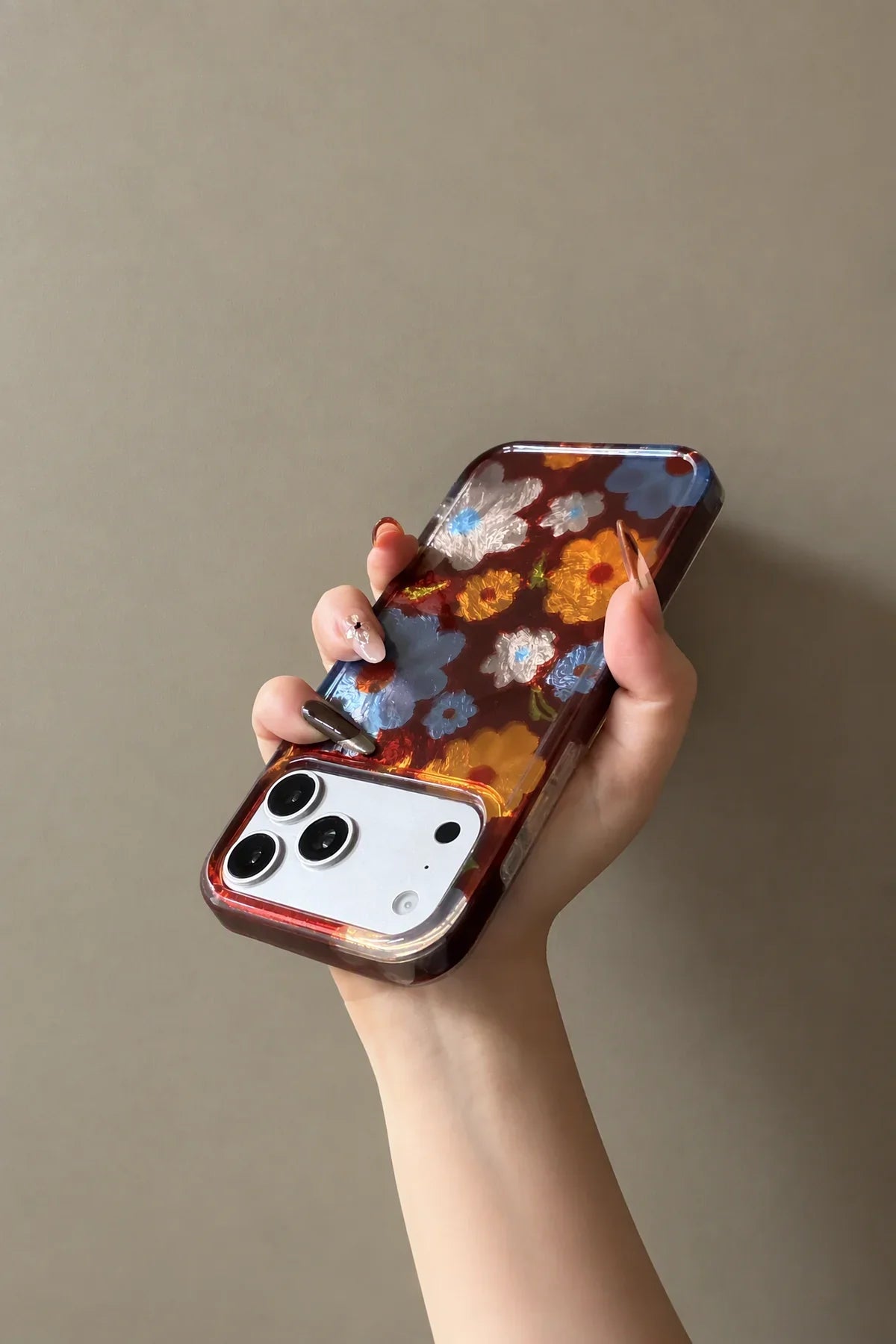 Painterly Bloom Brown Leather-Look Phone Case with Strap