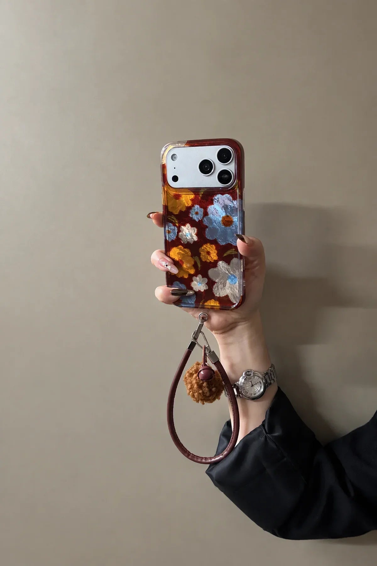 Painterly Bloom Brown Leather-Look Phone Case with Strap