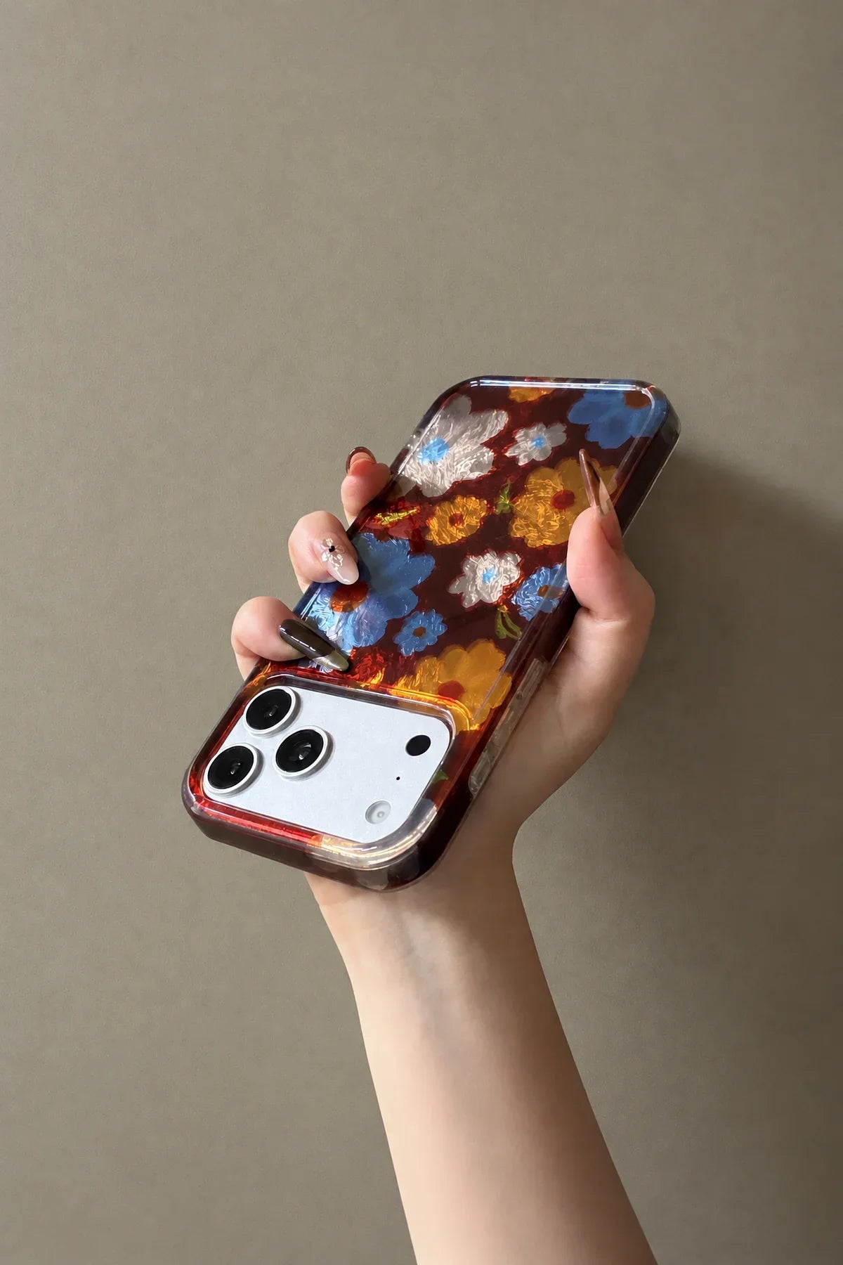 Painterly Bloom Brown Leather-Look Phone Case with Strap
