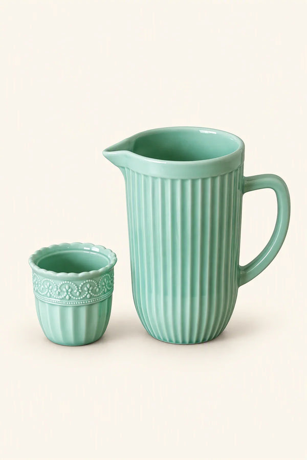 Garden Border Mint Glass Pitcher and Cup Set