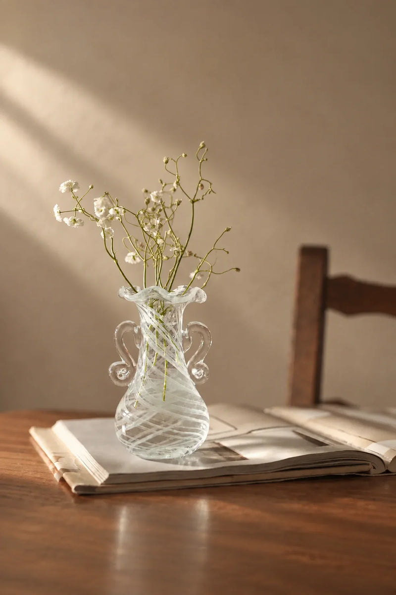 Ribbon Dance White Spiral Glass Flower Vase
