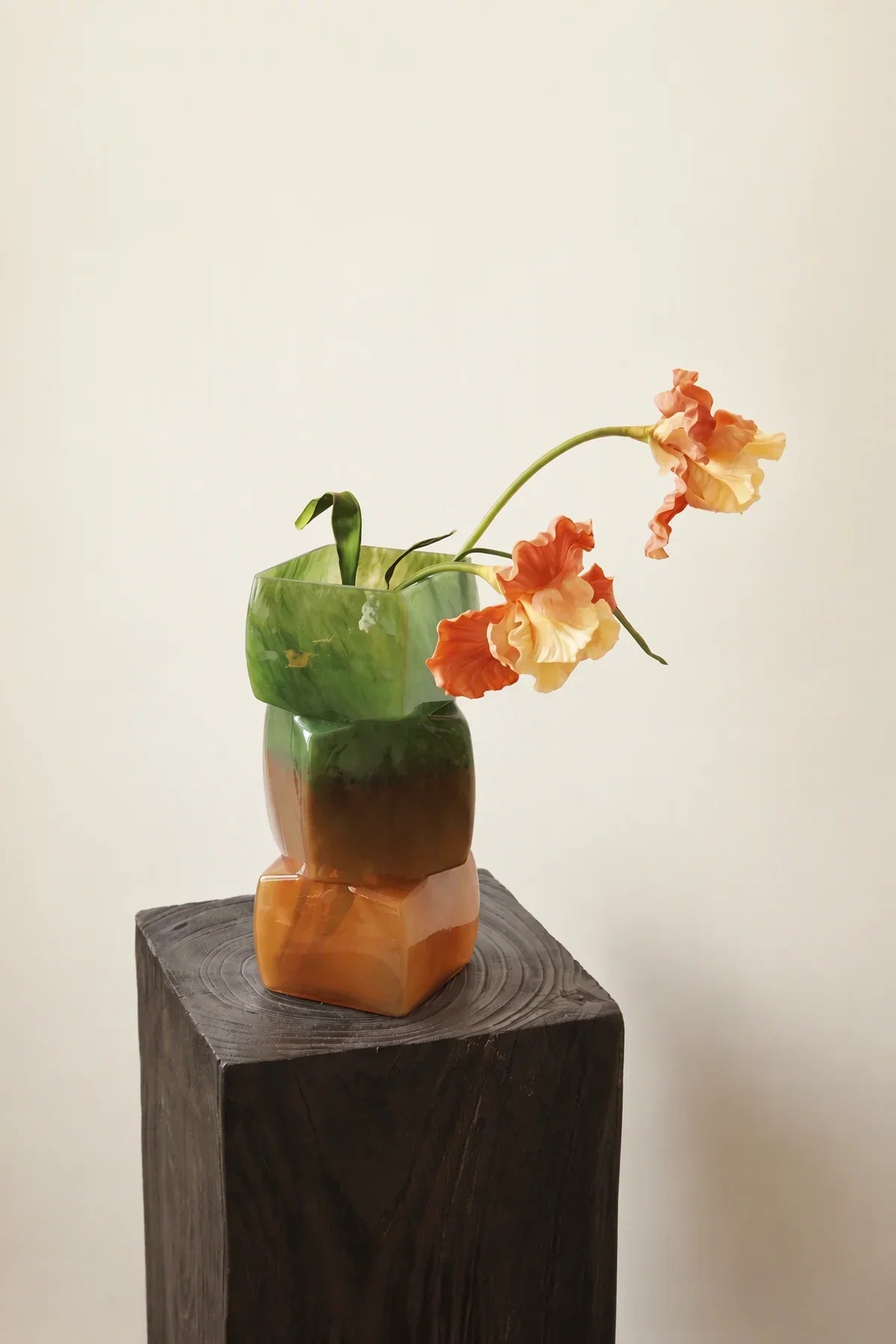 Forest Floor Green and Amber Glass Flower Vase