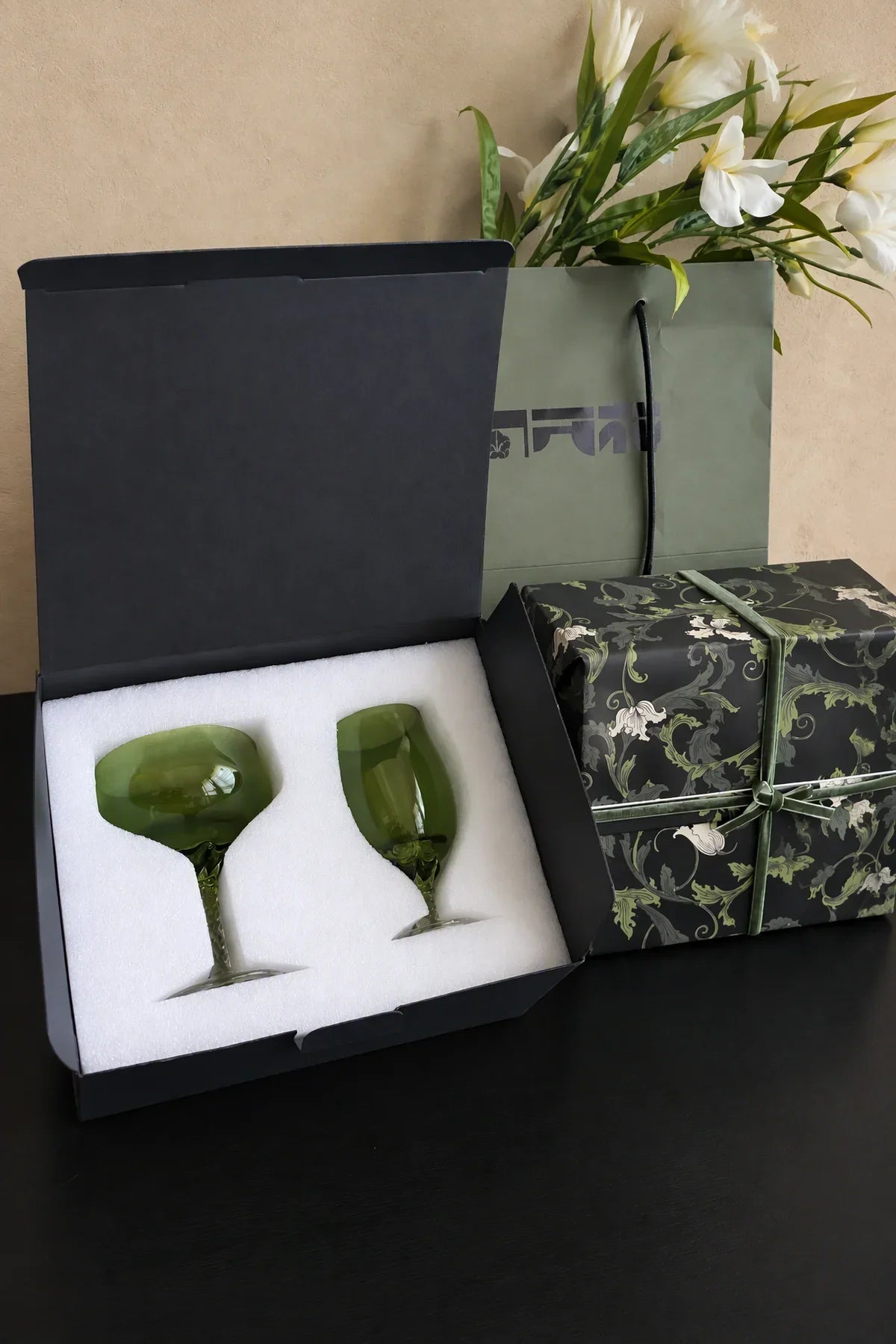 Meadow Hour Olive Green Glass Wine Goblet