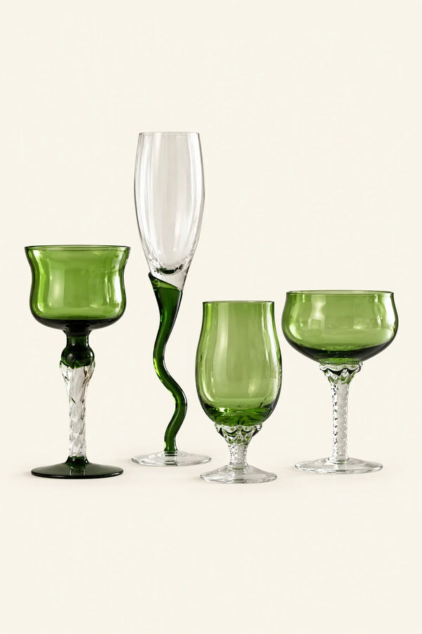 Enchanted Vine Moss Green Glass Stemmed Glassware