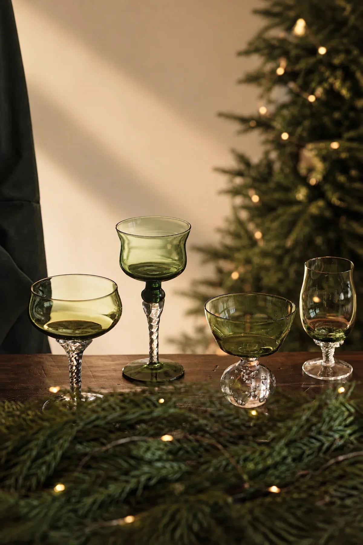 Enchanted Vine Moss Green Glass Stemmed Glassware