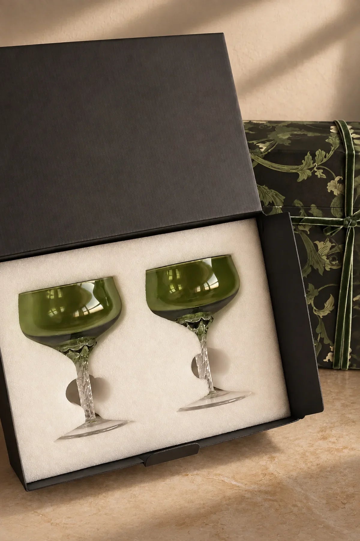 Enchanted Vine Moss Green Glass Stemmed Glassware