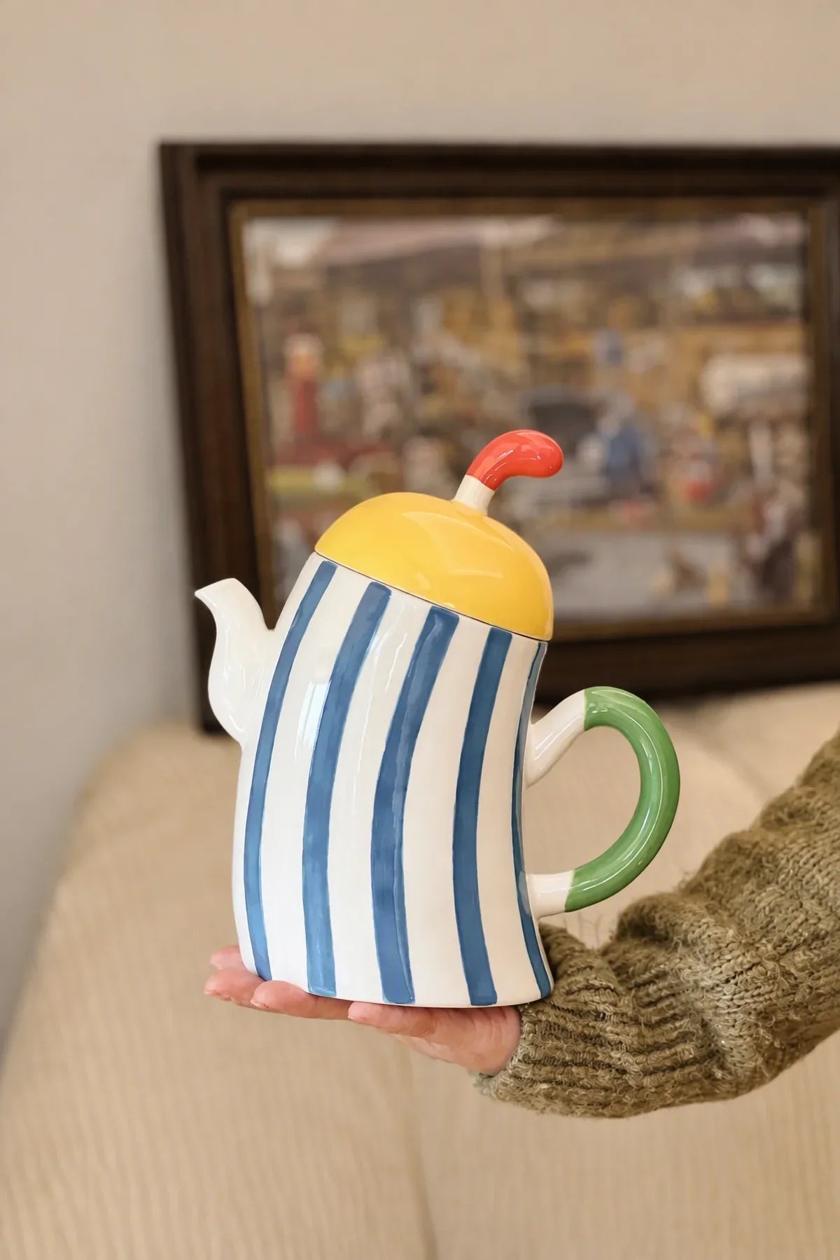 Big Top Blue Striped Ceramic Teapot