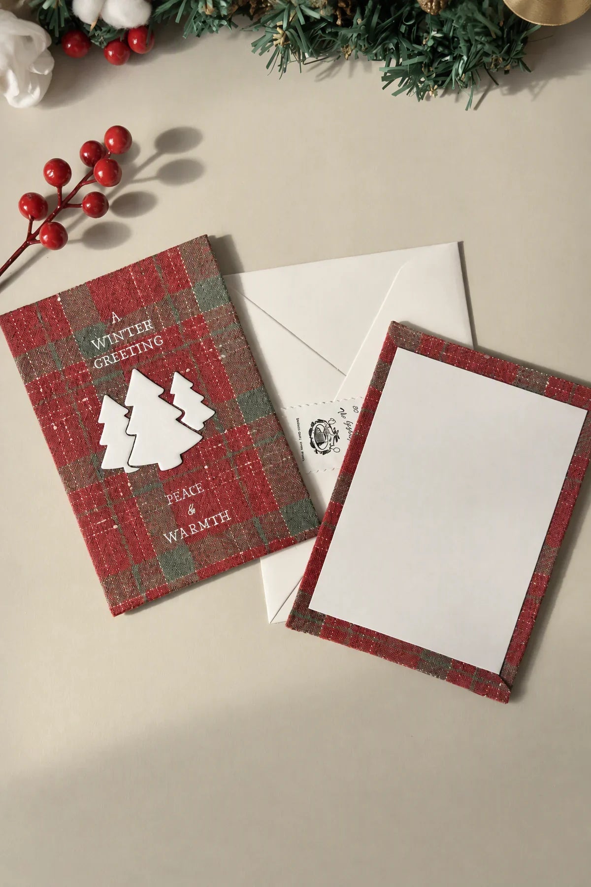 Winter Hearth Red-Green Fabric Greeting Card